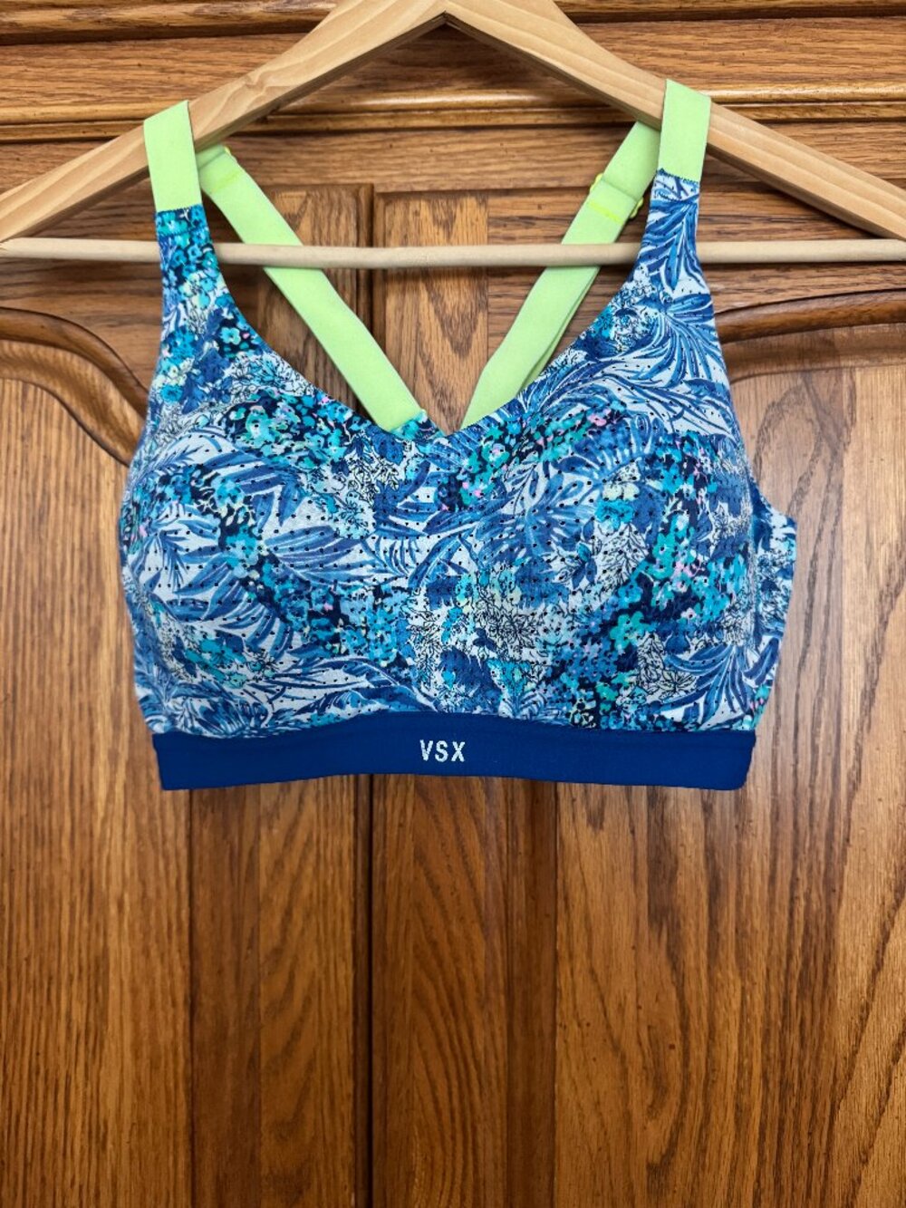 VSX Blue Floral Print Sports Bra with Lime Straps